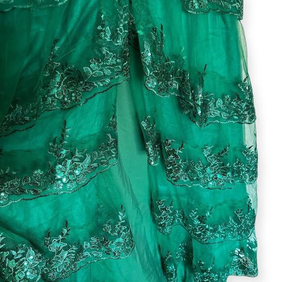Emerald Green Corset Elegant Tulle Tiered Sequins Sparkly A Slit Prom Gown - Picture 9 of 13